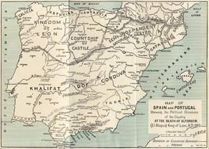 Map of Spain and Portugal showing the political divisions in the country at the death of Alfonso III, King of Leon, from 